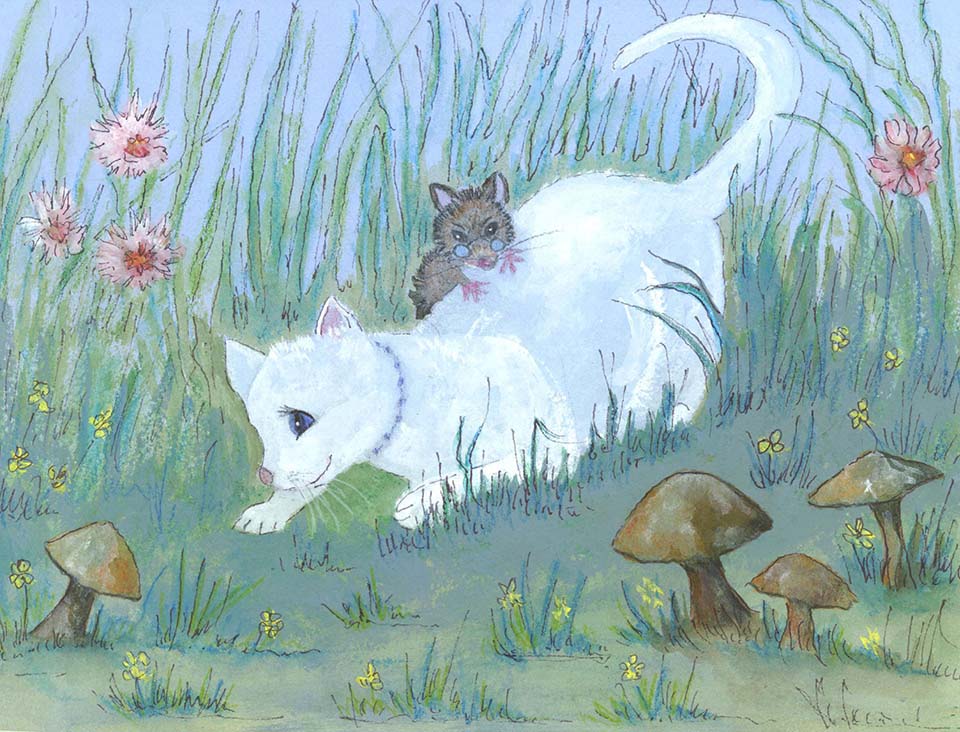 Image description: Out in the meadow, Rosemond the cat kneels down to allow Esmeralda the mouse to hop on her back.