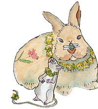 Image description: Esmeralda the mouse leans on Tubbybunn the rabbit while they wait for the celebrations to begin.